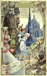 Gotik mimari; Schoener Brunnen çeşmesi ve Frauenkirche, Nürnberg (chromolitho) by European School